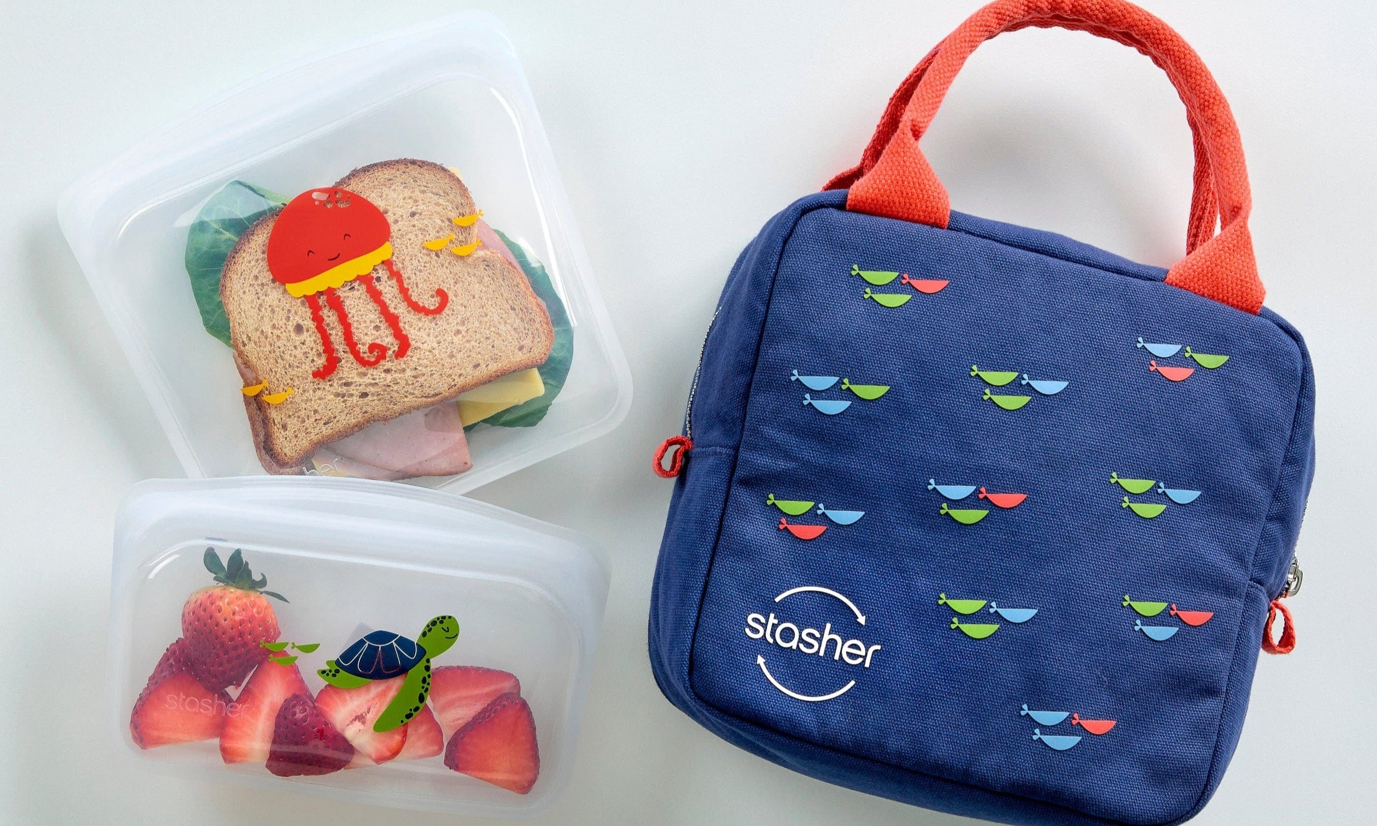 Photo showing new Stasher lunch bag with the sandwich and snack printed bags