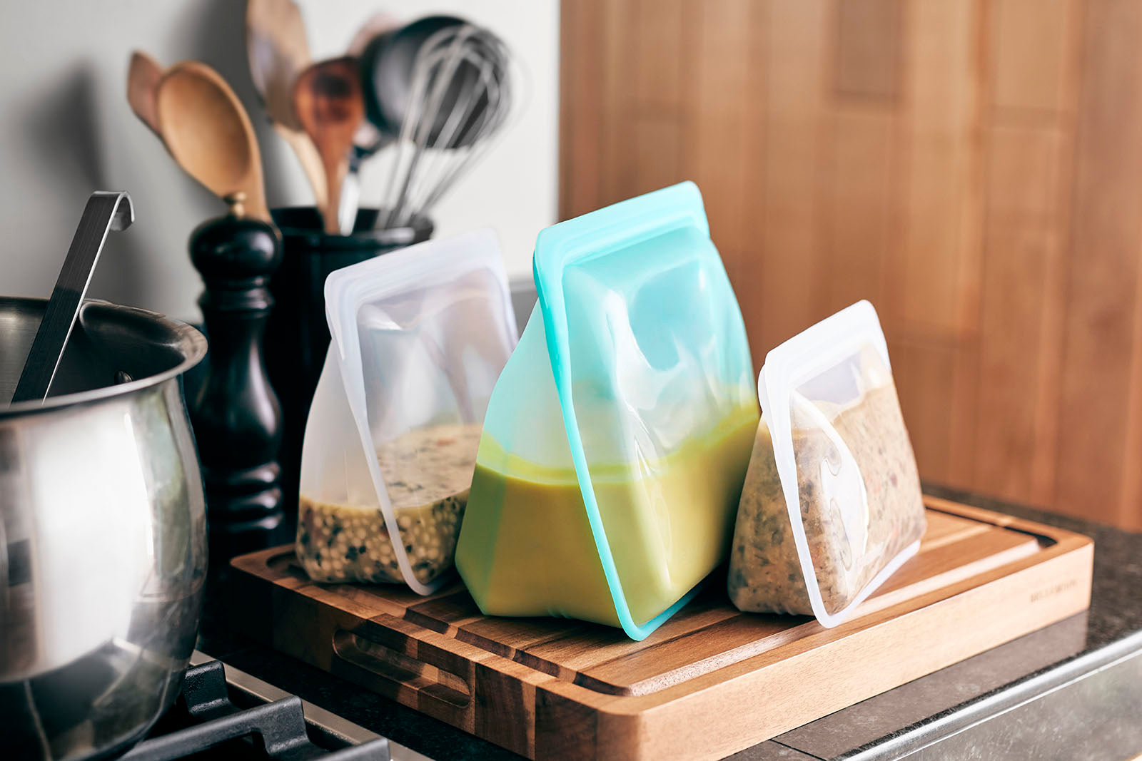 Freezer Meals in Reusable Silicone Storage Containers