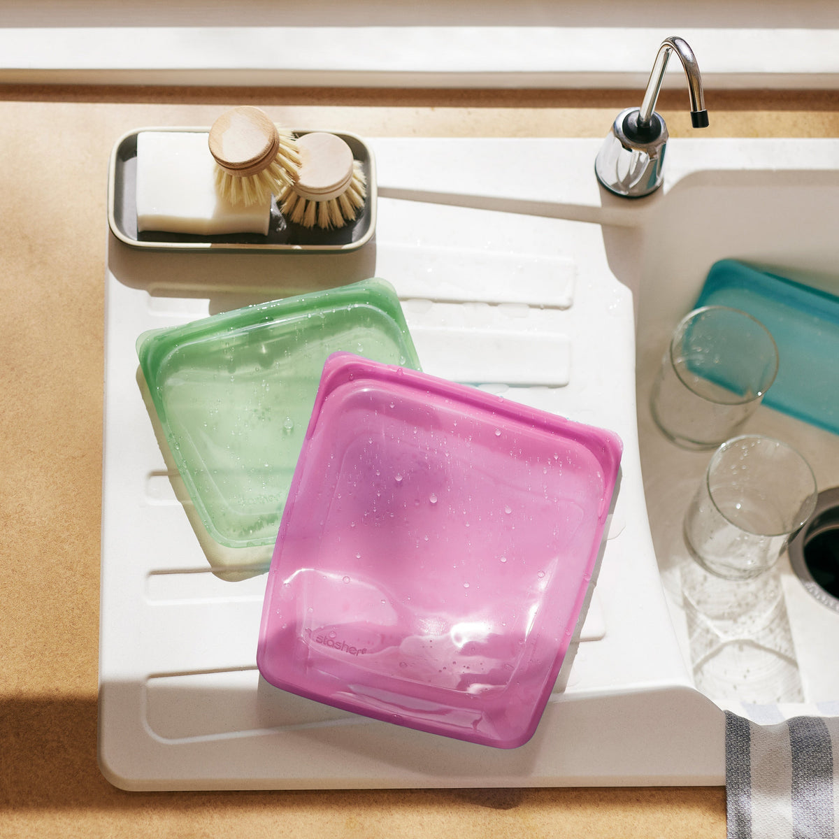 Stasher bag cleaning tablets in use