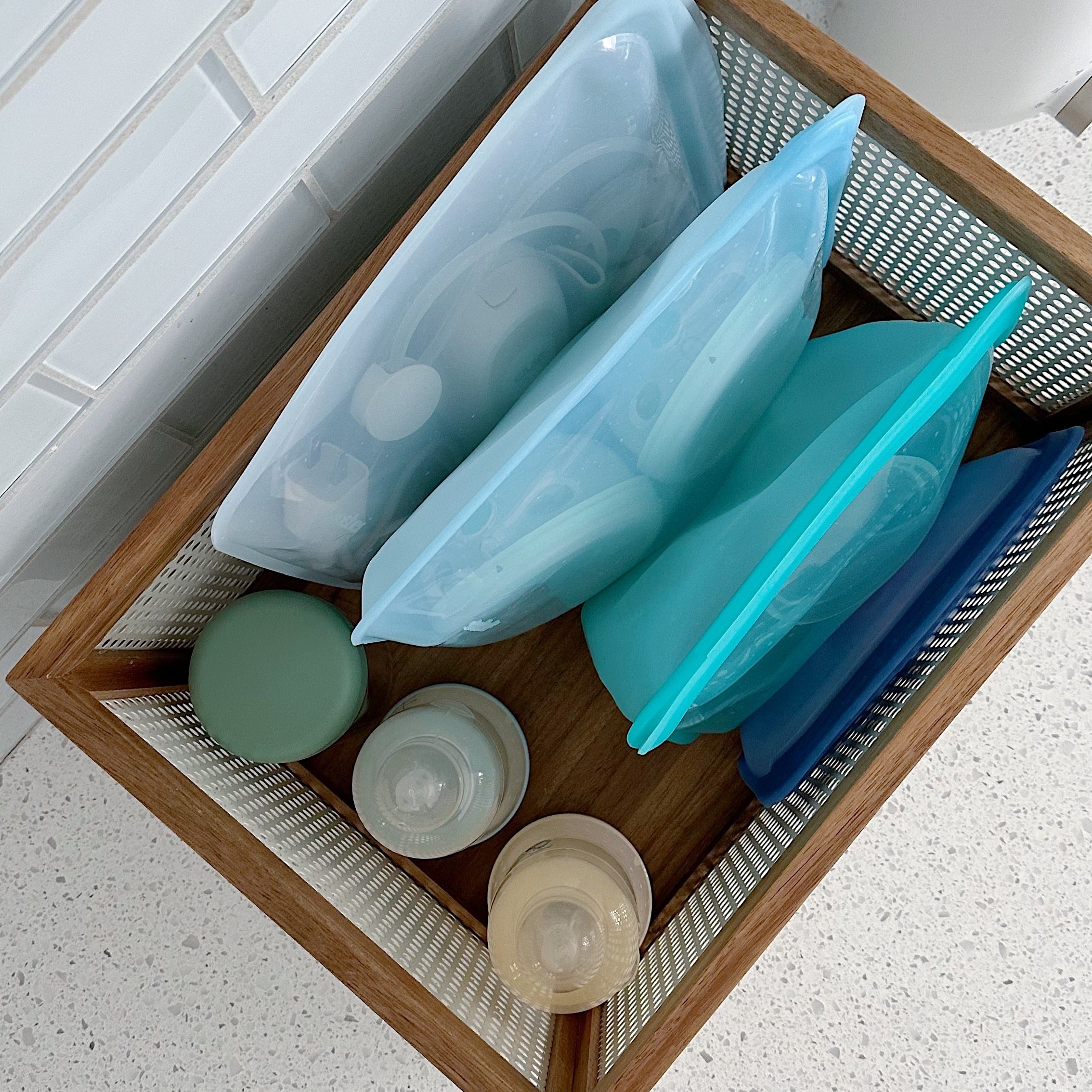 Stasher bags organized in NEAT method bin