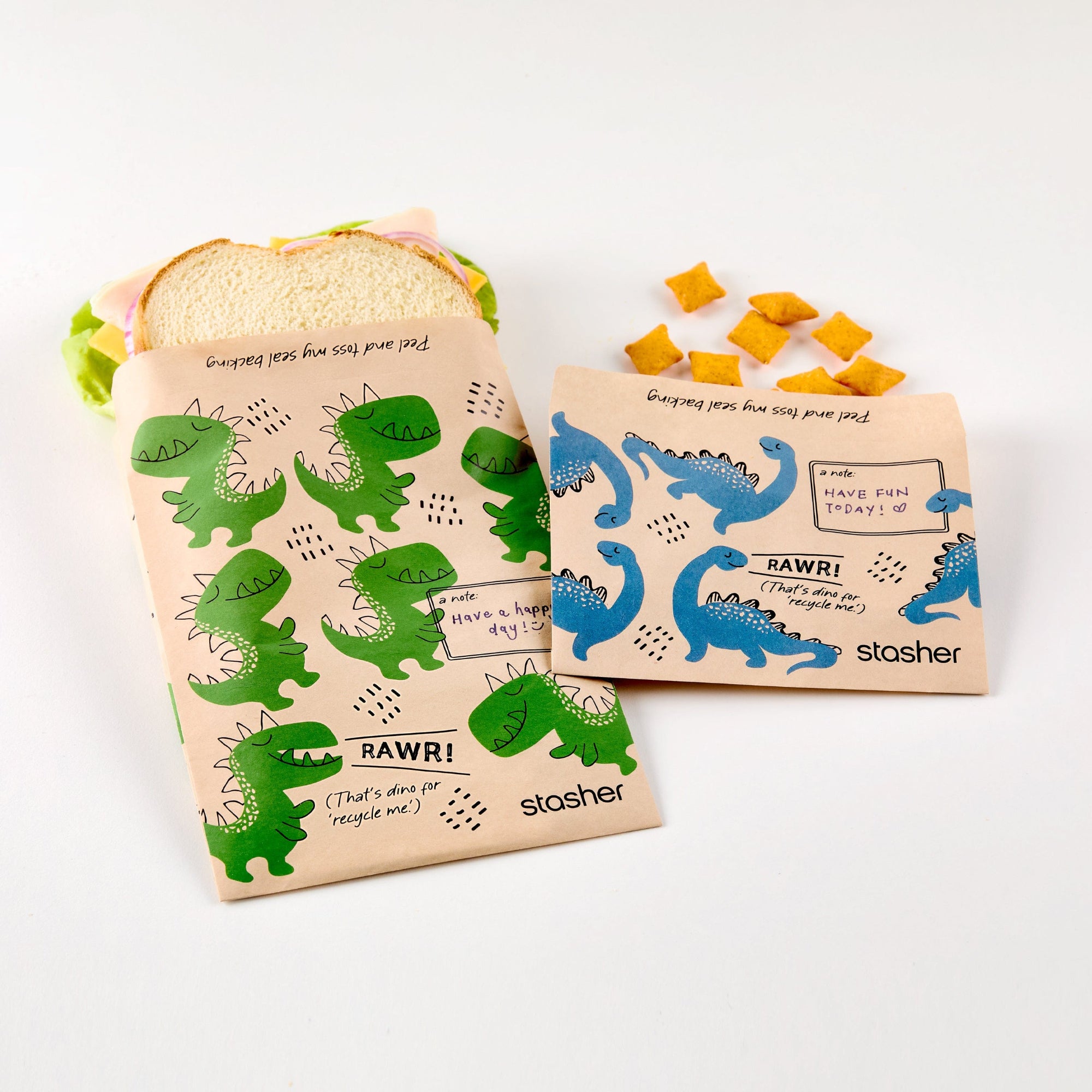 dinosaur: hero image for sandwich snack paper bags 2-pack in dinosaur prints.