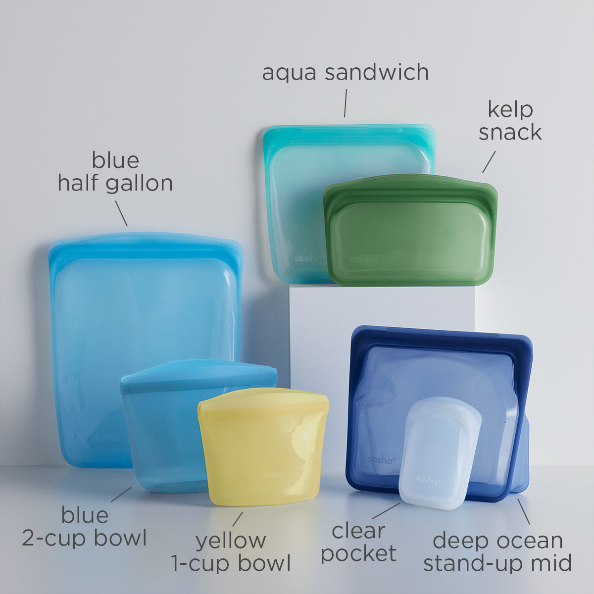 Stasher Reusable Silicone Bag Starter Kit, Aqua, 4 Pack