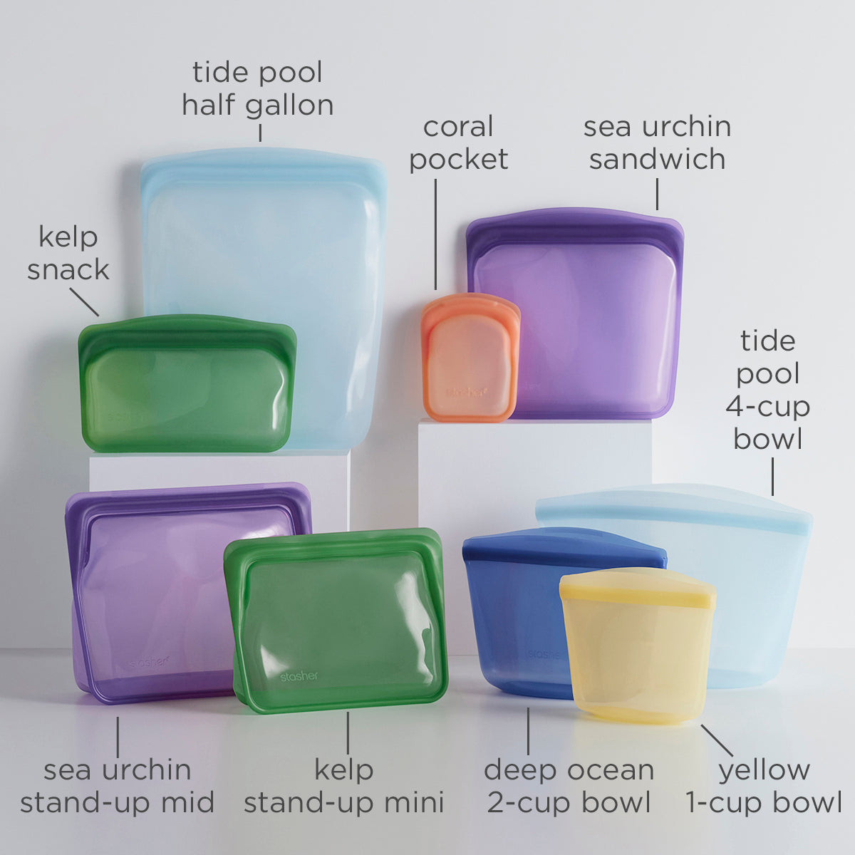 Stasher Reusable Silicone Bag Starter Kit, Aqua, 4 Pack