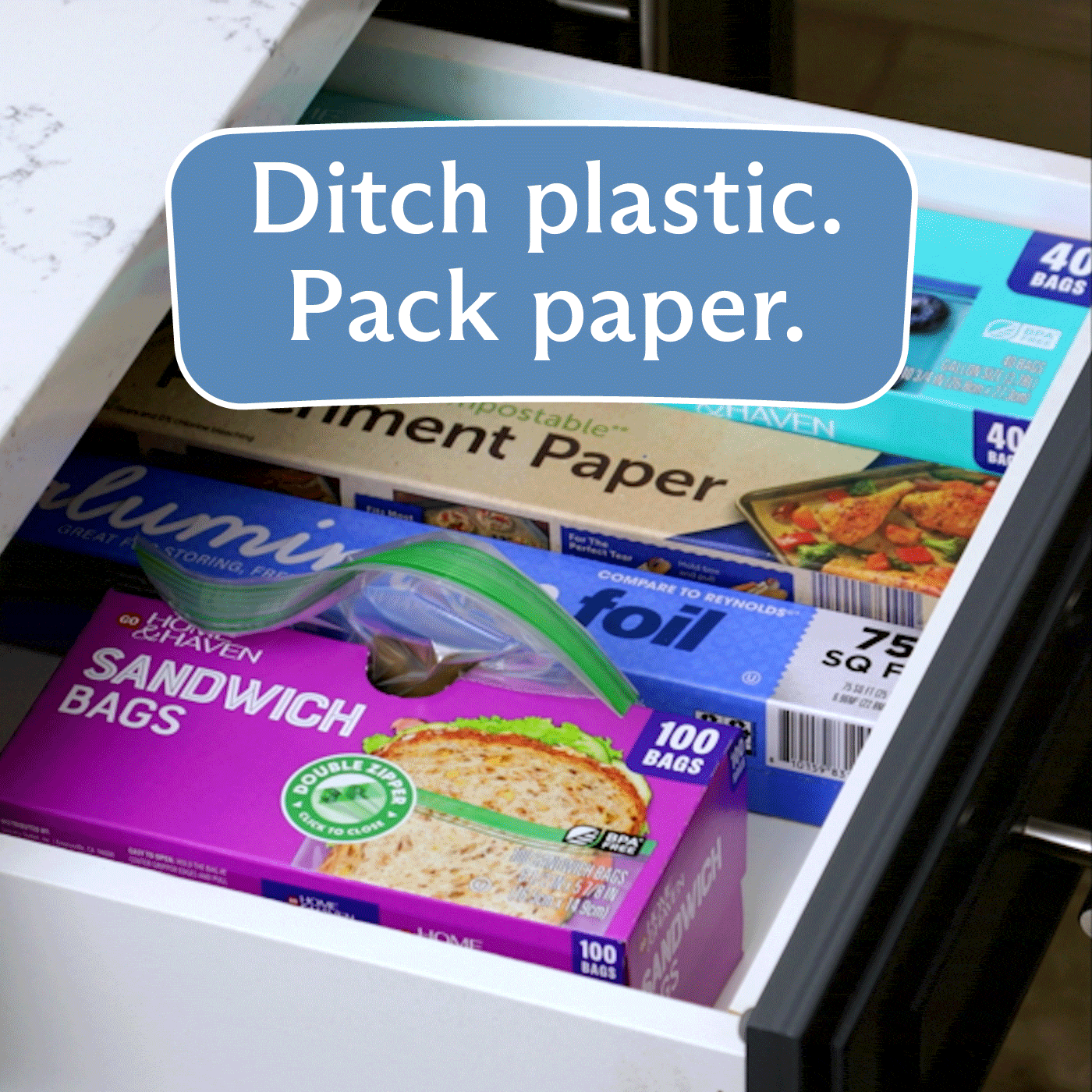 Ditch plastic and pack paper bags. Moving image showing a hand reaching for Stasher paper bags in a kitchen drawer. 