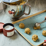all: Scooping cookie dough with new stasher baking mat.