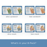 all: 8-pack hero image showing all the contents. 4 sets of sandwich bags and 4 sets of snack bags in both dino and bee prints. 