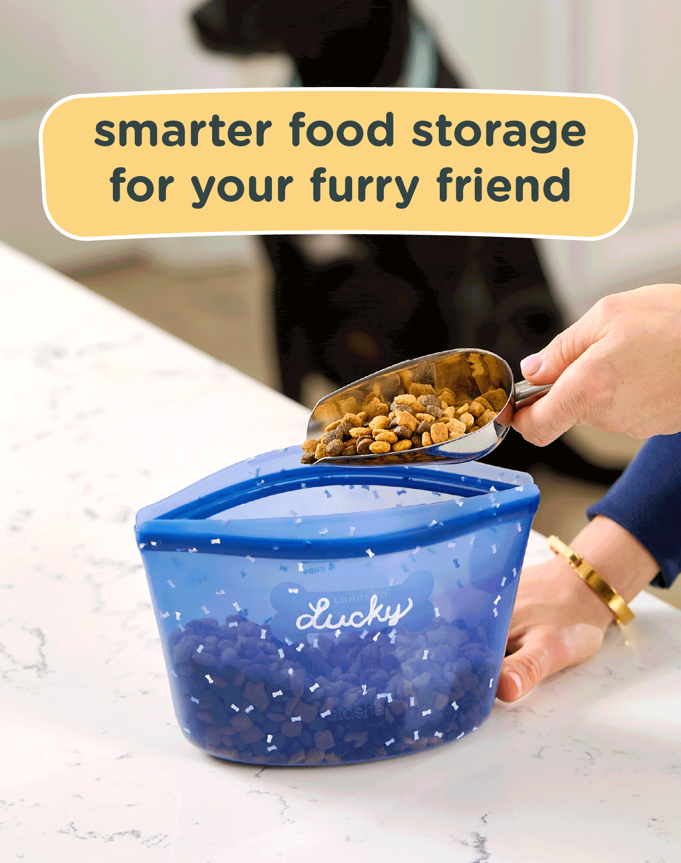 Gif showing multiple images of Stasher pet products being used. Smarter food storage for your furry friend. 