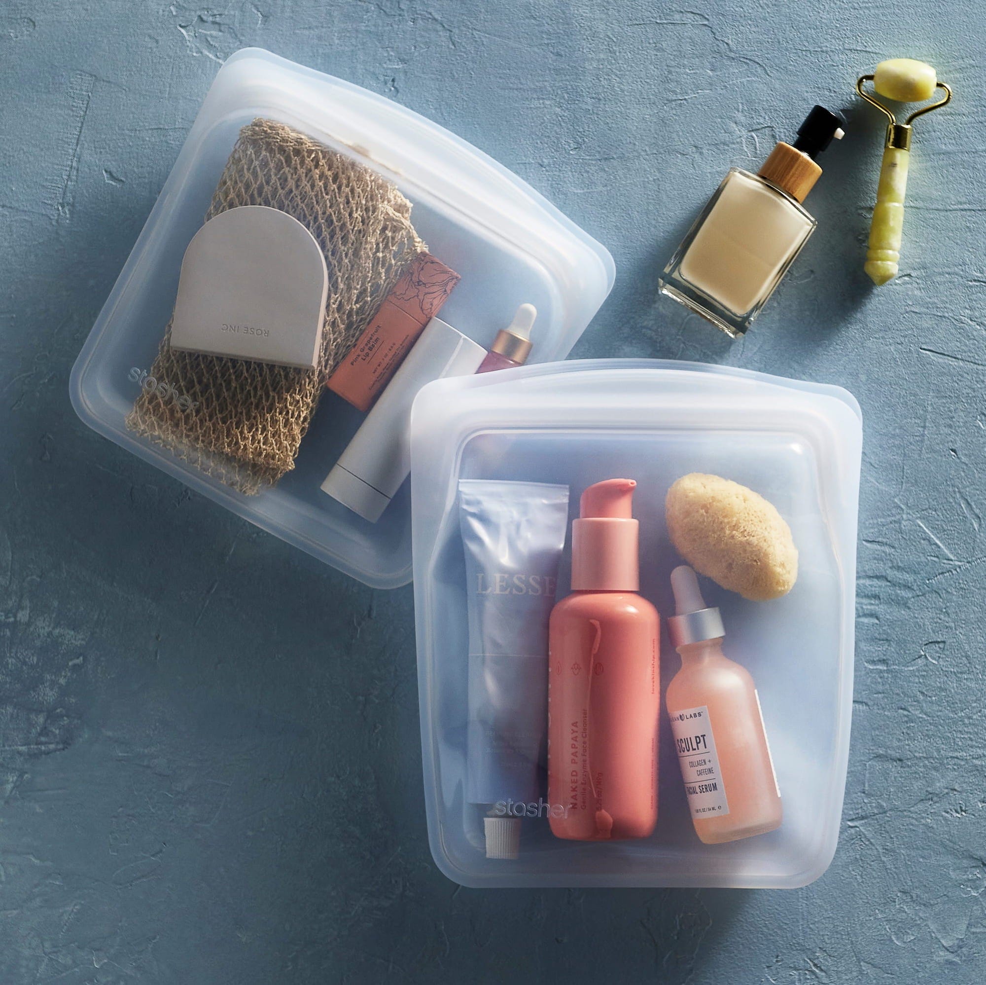 all: quart and sandwich bag holding beauty supplies. 
