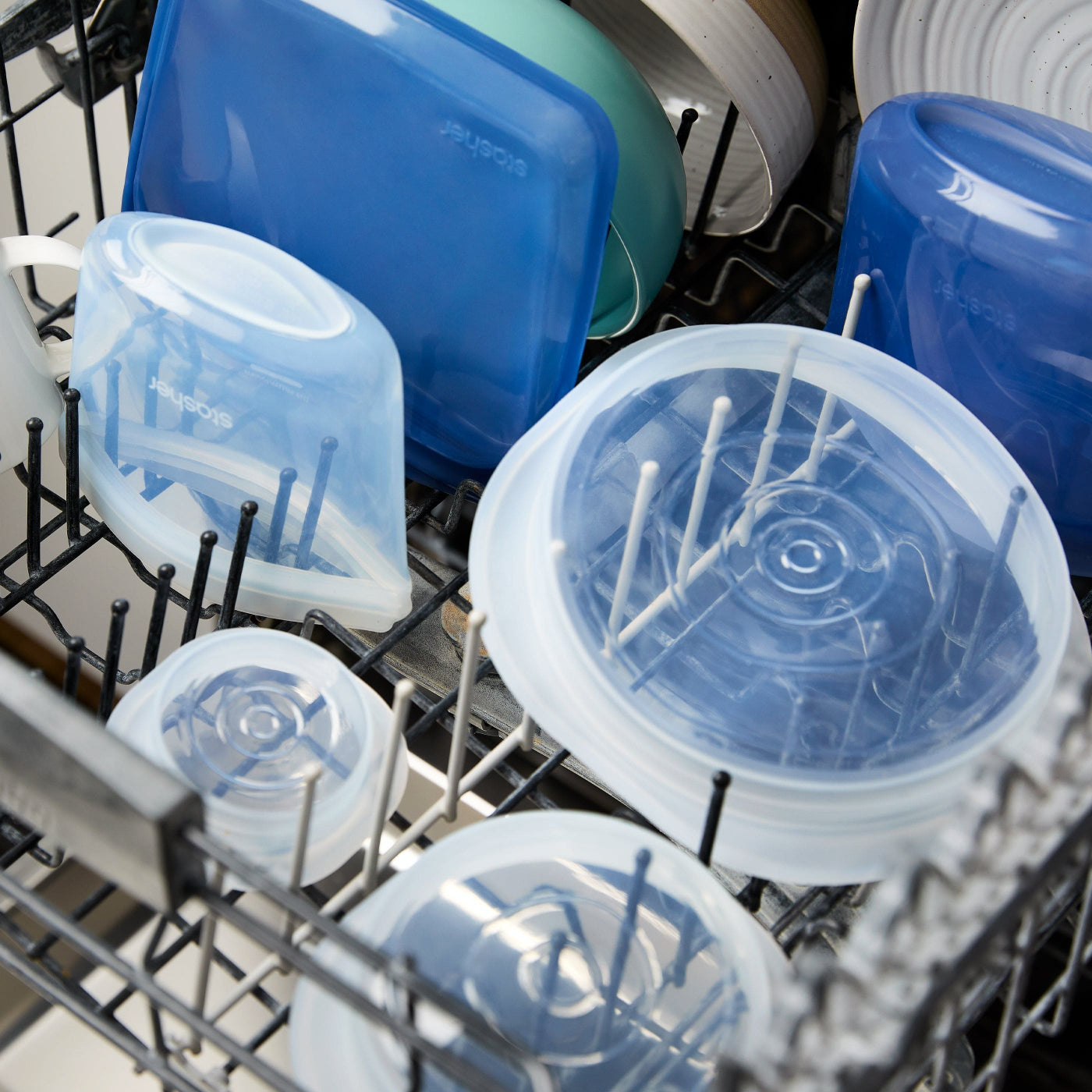 all: stretch lids, bags, and bowls in the bottom rack of a dishwasher. 