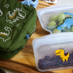 dinosaur: sandwich and snack bag holding lunch snacks. 