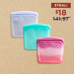 all: Three colorful silicone snack bags on a beige background with a price tag overlay.