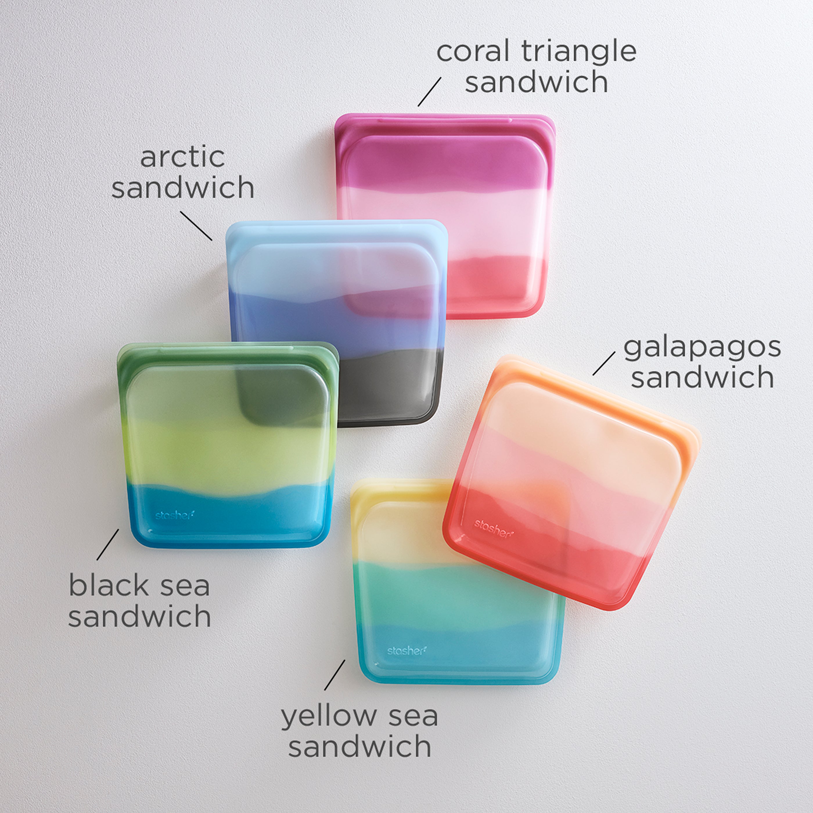 endangered seas: Reusable Silicone Stasher Sandwich Bag 5-Pack Colours Assorted
