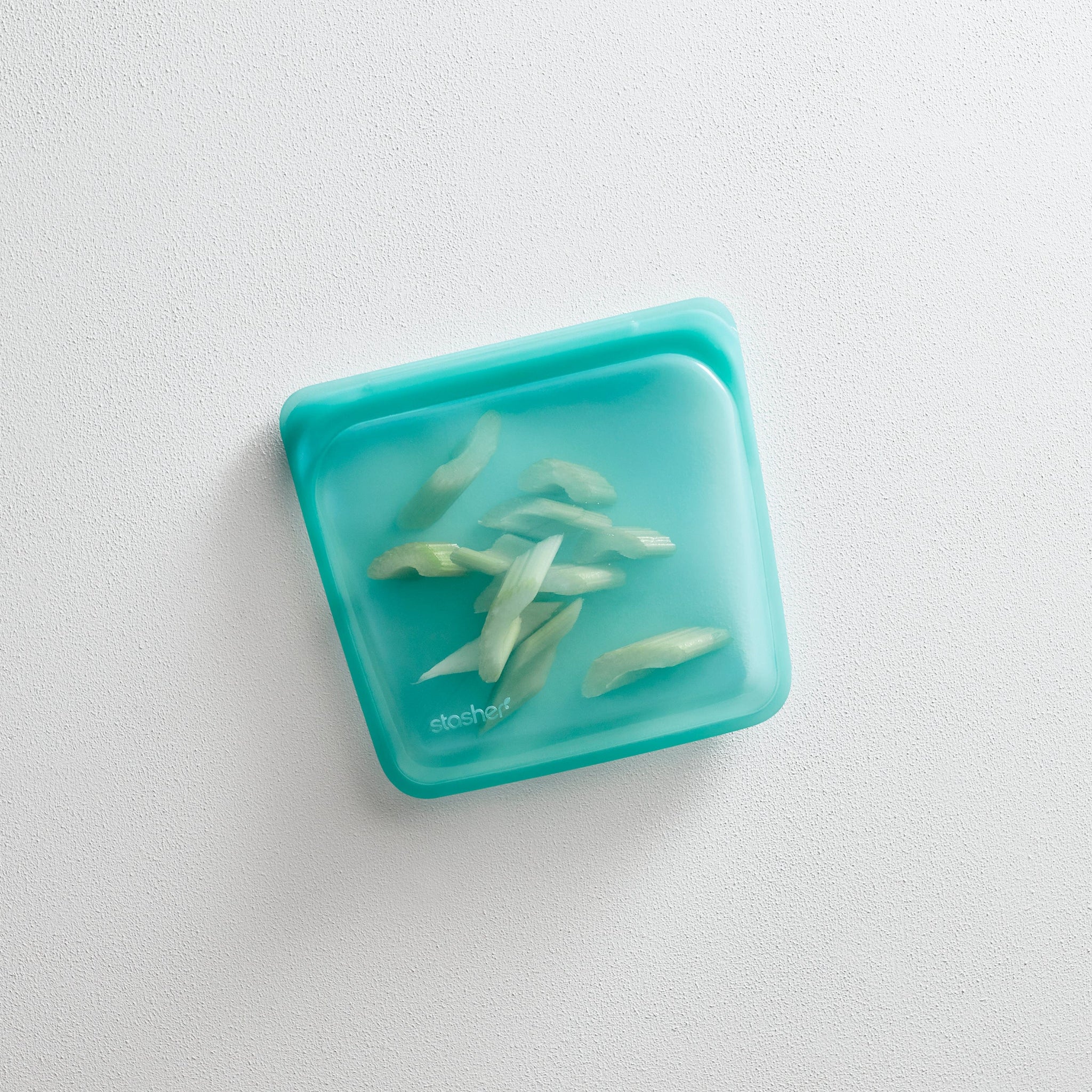 aqua: sandwich bag holding celery slices